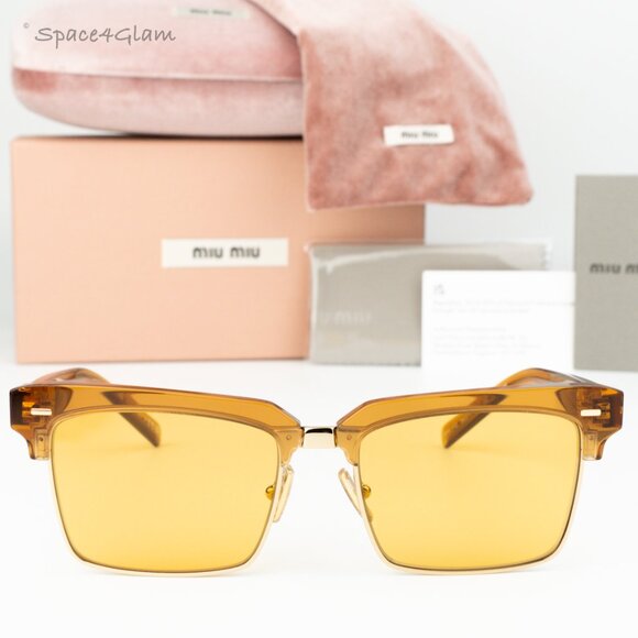 NEW Miu Miu MU10ZS 15T0B7 Caramel Trasparent Yelllow Square Unisex Sunglasses - Picture 1 of 9